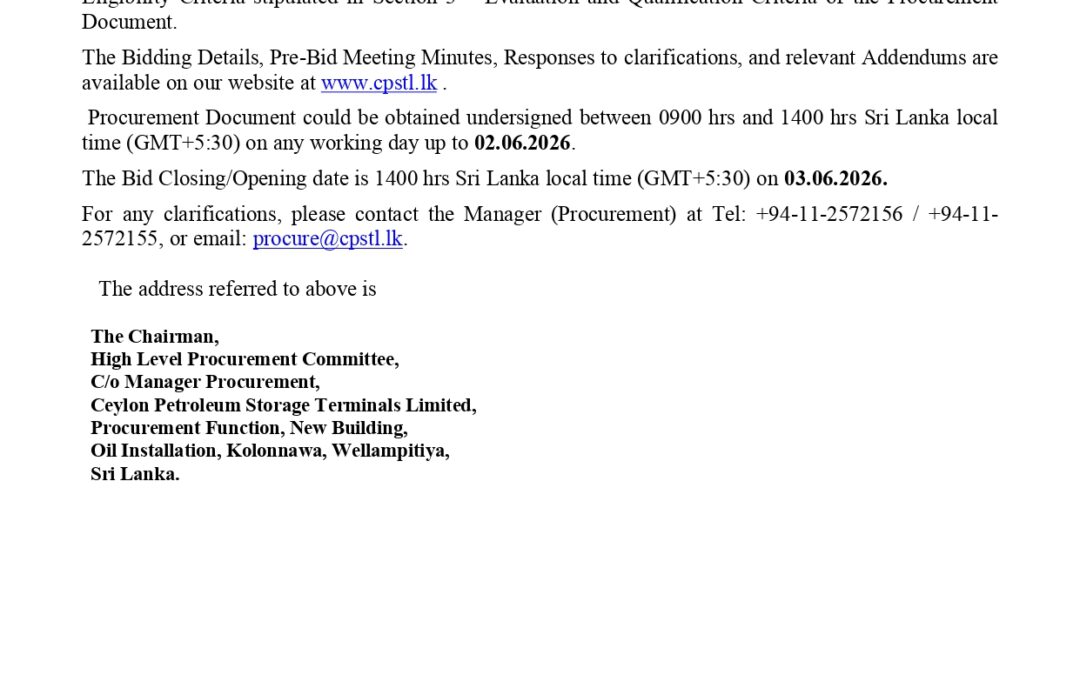 Addendum 02 – Ceylon Petroleum Storage Terminals Limited (CPSTL) Engineering, Procurement, Construction, Commissioning, (EPCC) of Kolonnawa to Harbour Pipeline Project (KHPP) Contract No: KPR/13/2026