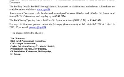 Addendum 02 – Ceylon Petroleum Storage Terminals Limited (CPSTL) Engineering, Procurement, Construction, Commissioning, (EPCC) of Kolonnawa to Harbour Pipeline Project (KHPP) Contract No: KPR/13/2026