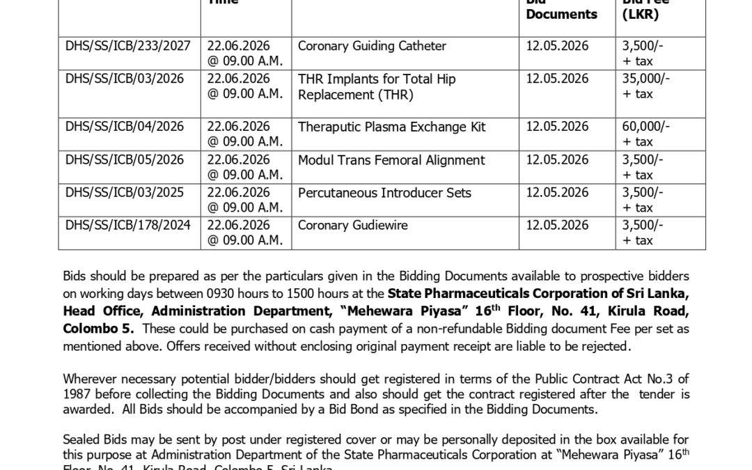 Procurement Notices – State Pharmaceuticals Corporation of Sri Lanka