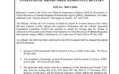 AIRPORT & AVIATION SERVICES (SRI LANKA) (PRIVATE) LIMITEDCALLING FOR EXPRESSION OF INTEREST (EOI)INVESTMENTS TO UTILIZE RESOURCES OF MATTALA RAJAPAKSAINTERNATIONAL AIRPORT (MRIA), HAMBANTOTA, SRI LANKA