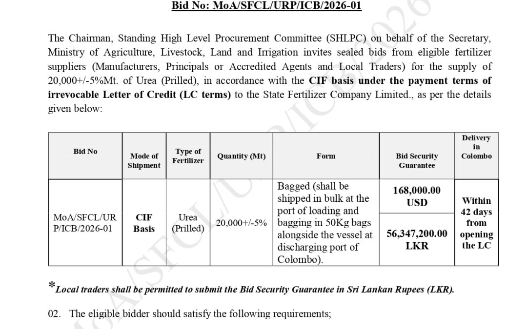 Invitation for Bids – Ministry of Agriculture, Livestock, Lands and Irrigation Procurement of 20,000+/-5%Mt. of Urea (Prilled) Fertilizer to the State Fertilizer Company Limited Bid No: MoA/SFCL/URP/ICB/2026-01
