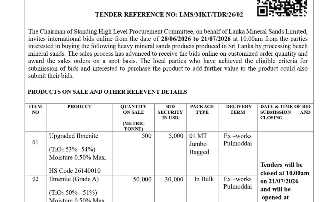 Tender Notice – Lanka Mineral Sands Limited Sale of Heavy Mineral Sands