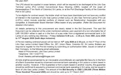 Procurement Notice – Litro Gas Lanka Limited (LGLL) For the Supply of Liquefied Petroleum Gas (LPG) to Litro Gas Lanka Limited for the Year 2027 Tender No: LGLL/LPG/01/ICB/2027