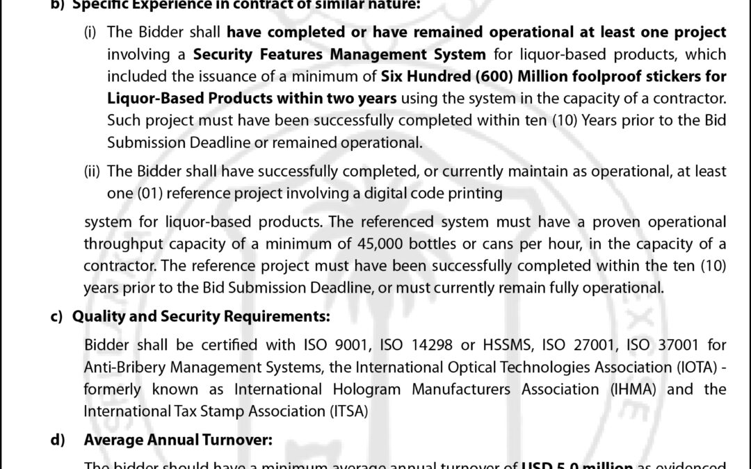 Procurement Notice – Excise Department of Sri Lanka Procurement of Supply, Implementation & Operation of a Security Features Management System (SFSFMS) for Liquor-Based Products for Excise Department of Sri Lanka IFB No.: ED/AC