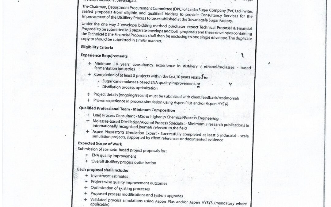 Request for Proposal (RFP) – Lanka Sugar Company (Pvt) Ltd Local or Foreign Consultancy for Improvement of Distillery Operations of the Lanka Sugar Company (Pvt) Ltd at Sevanagala Sugar Factory