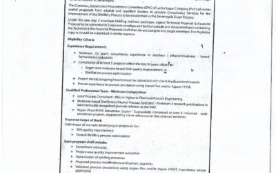 Request for Proposal (RFP) – Lanka Sugar Company (Pvt) Ltd Local or Foreign Consultancy for Improvement of Distillery Operations of the Lanka Sugar Company (Pvt) Ltd at Sevanagala Sugar Factory