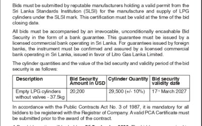Procurement Notice – Litro Gas Lanka Limited (LGLL) Supply of Empty LPG Cylinders (37.5kg) Procurement No.: LGLL/MKT-OPS/114/ICB/2026